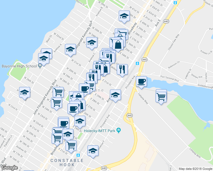 map of restaurants, bars, coffee shops, grocery stores, and more near 26 E 31st St in Bayonne