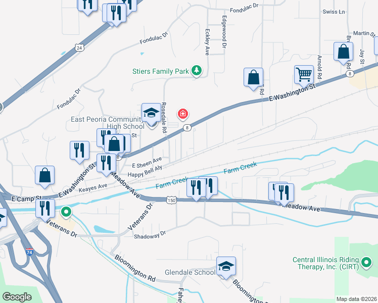 map of restaurants, bars, coffee shops, grocery stores, and more near 154 Linden Street in East Peoria