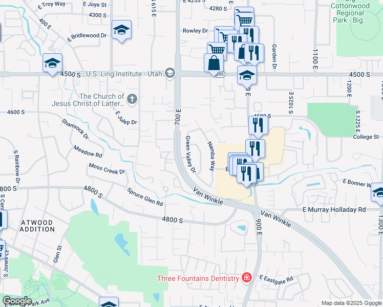 map of restaurants, bars, coffee shops, grocery stores, and more near 4638 South Tina Way in Murray
