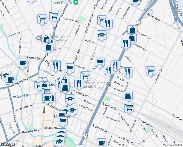 map of restaurants, bars, coffee shops, grocery stores, and more near 1074 Anna Street in Elizabeth