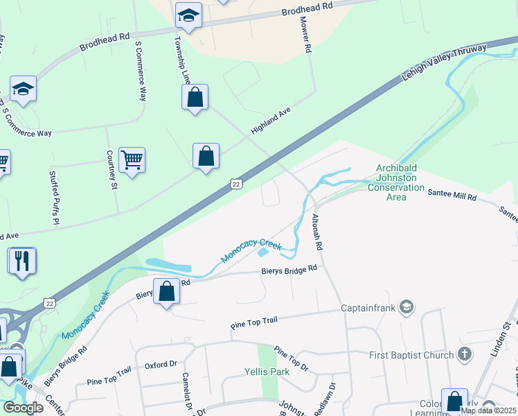 map of restaurants, bars, coffee shops, grocery stores, and more near 3661 Cottage Drive in Bethlehem