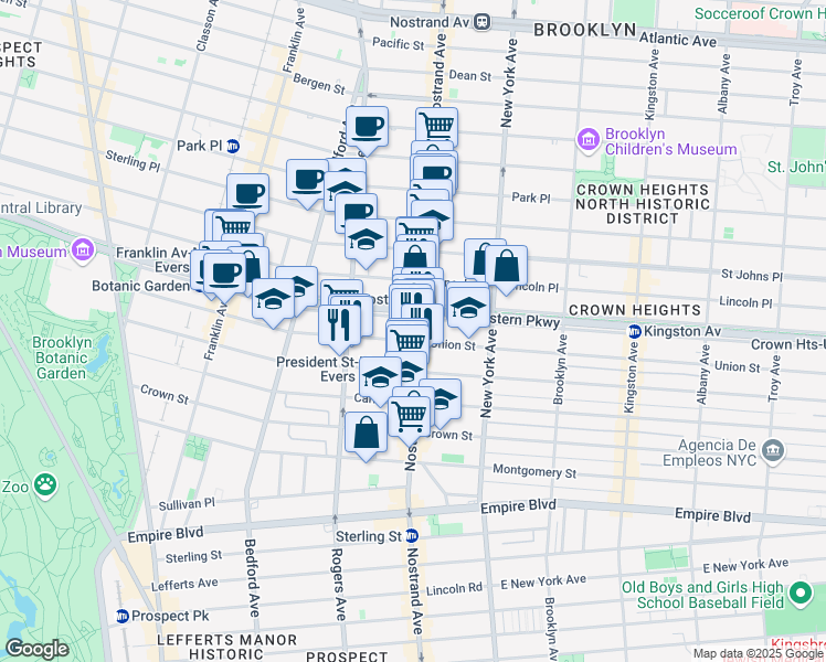 map of restaurants, bars, coffee shops, grocery stores, and more near 516 Eastern Parkway in Brooklyn