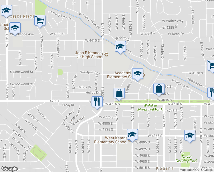 map of restaurants, bars, coffee shops, grocery stores, and more near 4773 West Arlington Park Drive in West Valley City