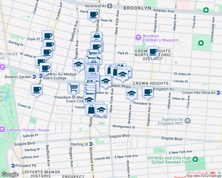map of restaurants, bars, coffee shops, grocery stores, and more near 602 Eastern Parkway in Brooklyn