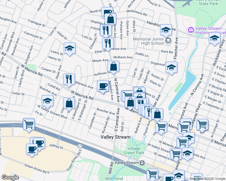 map of restaurants, bars, coffee shops, grocery stores, and more near 60 North Central Avenue in Valley Stream