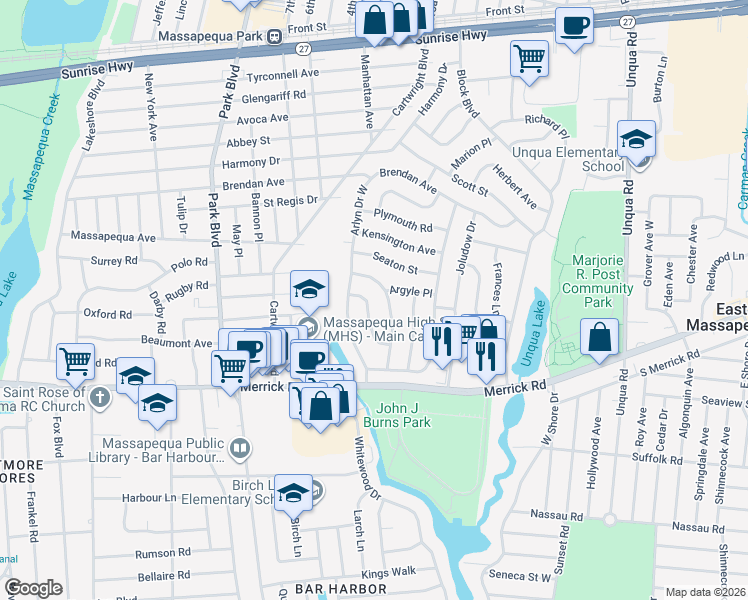 map of restaurants, bars, coffee shops, grocery stores, and more near 20 Croyden Drive in Massapequa