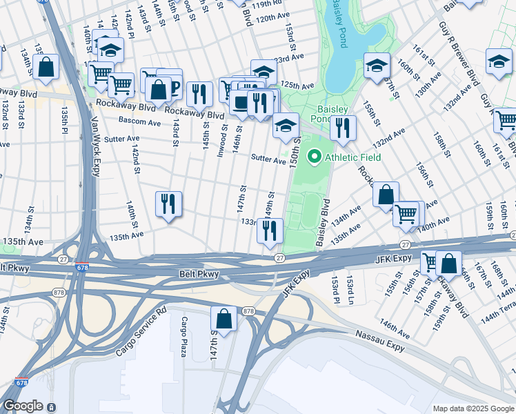 map of restaurants, bars, coffee shops, grocery stores, and more near 130-22 148th Street in Queens