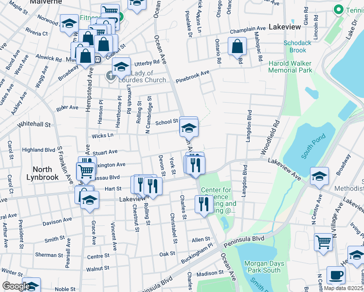 map of restaurants, bars, coffee shops, grocery stores, and more near 75 Ocean Avenue in Malverne