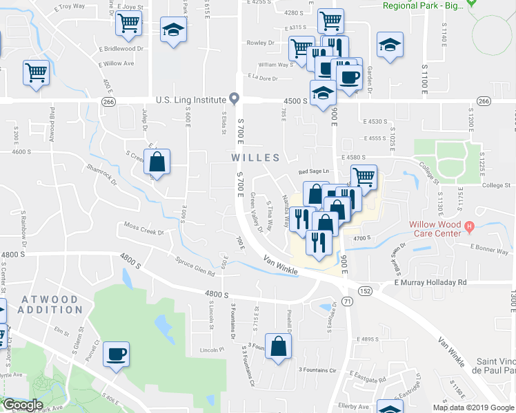 map of restaurants, bars, coffee shops, grocery stores, and more near 4638 South Tina Way in Murray