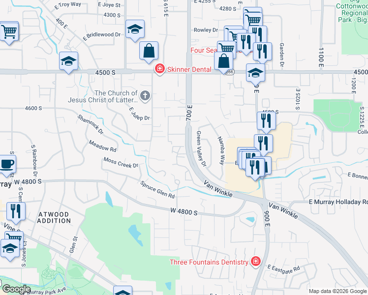 map of restaurants, bars, coffee shops, grocery stores, and more near 4646 South Green Valley Drive in Murray
