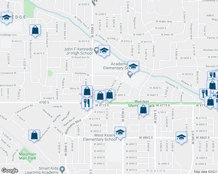 map of restaurants, bars, coffee shops, grocery stores, and more near 4621 West Arlington Park Drive in West Valley City