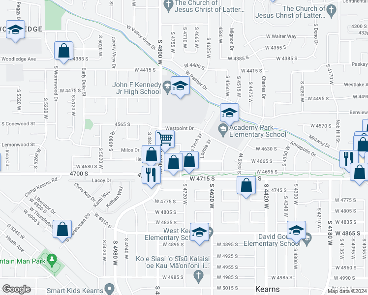 map of restaurants, bars, coffee shops, grocery stores, and more near 4621 West Arlington Park Drive in West Valley City