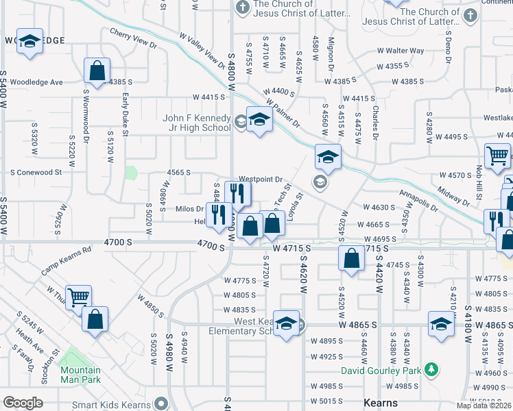 map of restaurants, bars, coffee shops, grocery stores, and more near 4621 West Arlington Park Drive in West Valley City