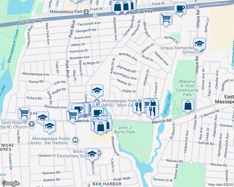 map of restaurants, bars, coffee shops, grocery stores, and more near 20 Croyden Drive in Massapequa