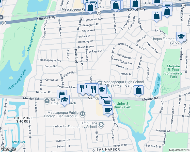 map of restaurants, bars, coffee shops, grocery stores, and more near 198 Moore Avenue in Massapequa Park