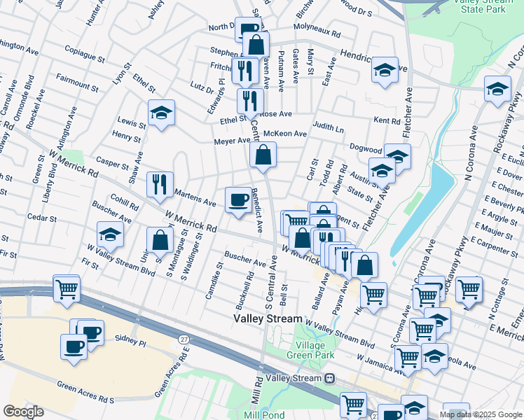 map of restaurants, bars, coffee shops, grocery stores, and more near 60 North Central Avenue in Valley Stream