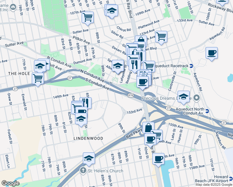 map of restaurants, bars, coffee shops, grocery stores, and more near 150-02 89th Street in Queens