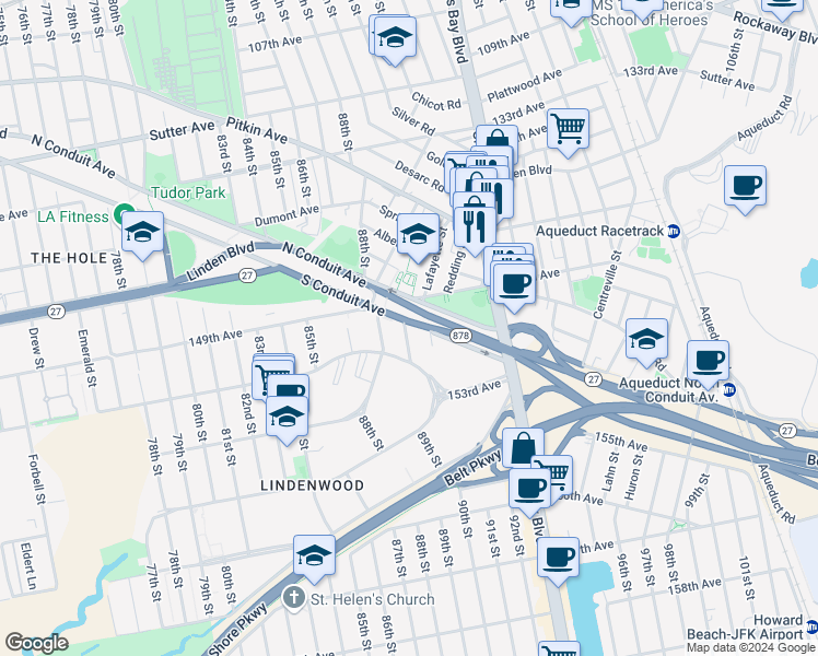 map of restaurants, bars, coffee shops, grocery stores, and more near 150-02 89th Street in Queens