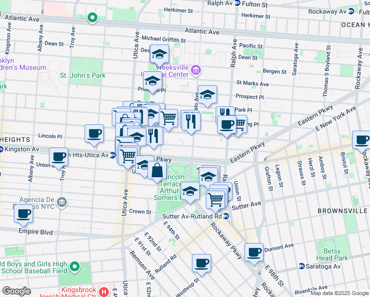 map of restaurants, bars, coffee shops, grocery stores, and more near 1527 Lincoln Place in Brooklyn