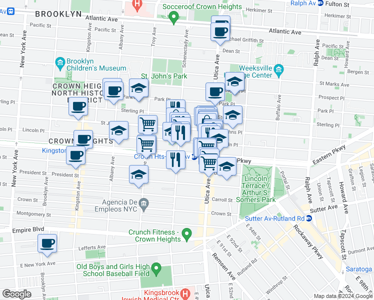 map of restaurants, bars, coffee shops, grocery stores, and more near 1051 Eastern Parkway in Brooklyn