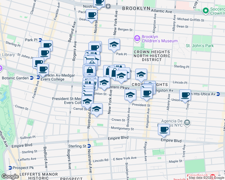 map of restaurants, bars, coffee shops, grocery stores, and more near 650 Eastern Parkway in Brooklyn