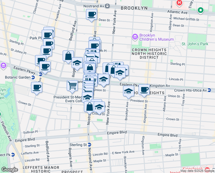 map of restaurants, bars, coffee shops, grocery stores, and more near 602 Eastern Parkway in Brooklyn