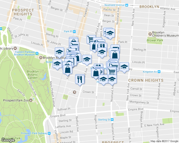 map of restaurants, bars, coffee shops, grocery stores, and more near 426 Eastern Parkway in Brooklyn