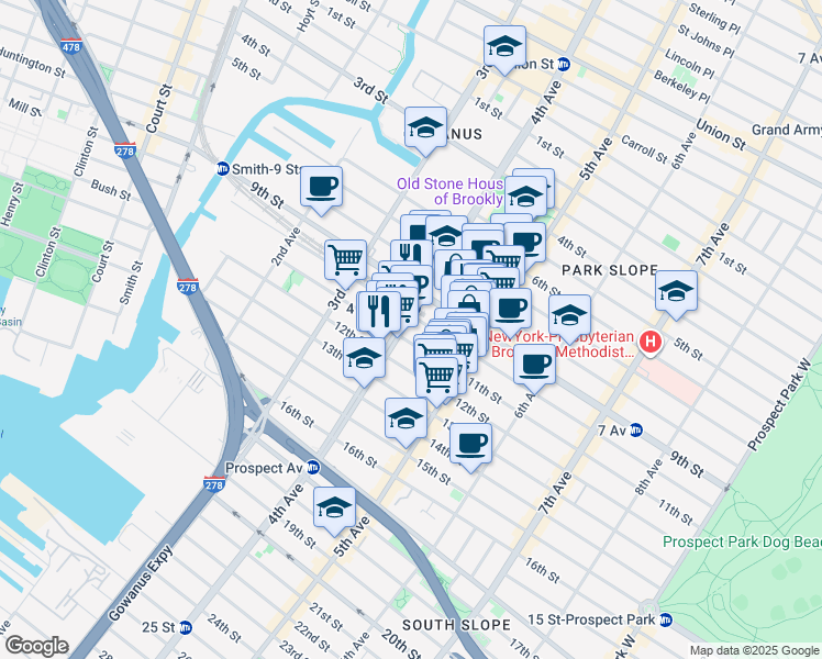 map of restaurants, bars, coffee shops, grocery stores, and more near 300 10th Street in Brooklyn