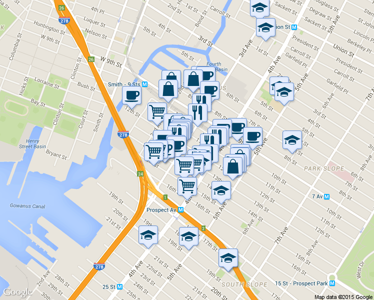 map of restaurants, bars, coffee shops, grocery stores, and more near 171 12th Street in Brooklyn
