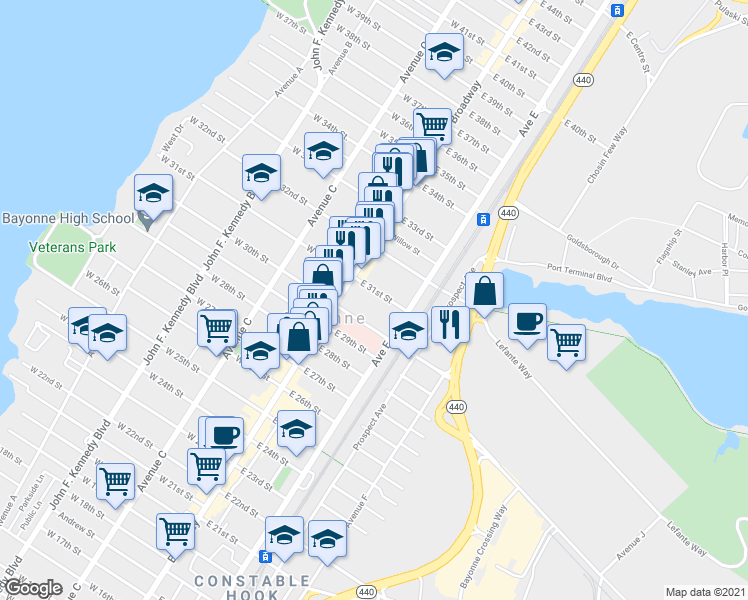 map of restaurants, bars, coffee shops, grocery stores, and more near 26 East 31st Street in Bayonne