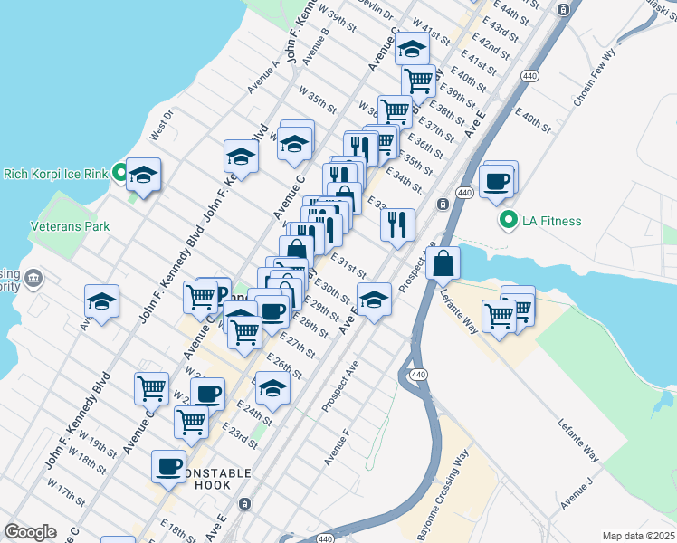map of restaurants, bars, coffee shops, grocery stores, and more near 26 East 31st Street in Bayonne