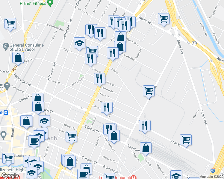 map of restaurants, bars, coffee shops, grocery stores, and more near 922-924 Olive Street in Elizabeth