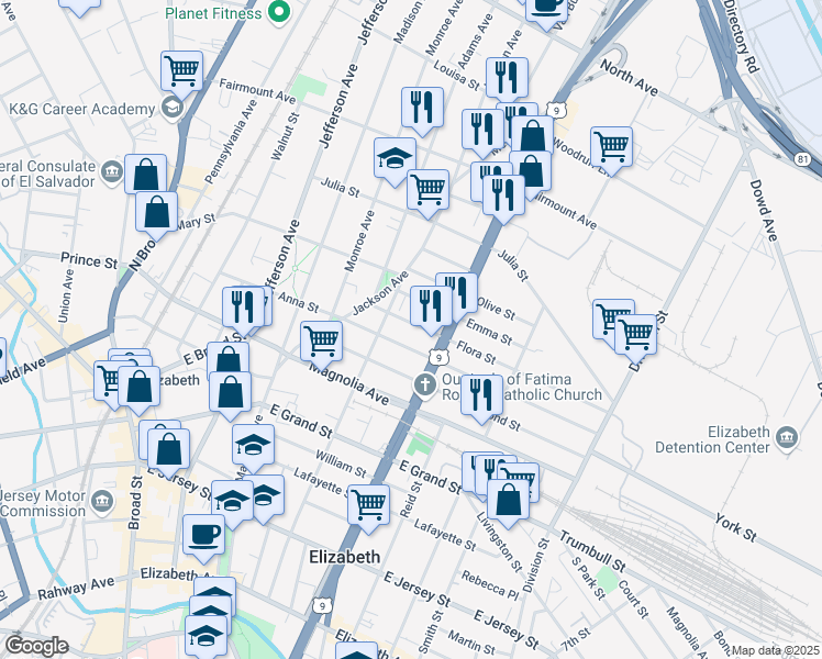 map of restaurants, bars, coffee shops, grocery stores, and more near 1015 Flora Street in Elizabeth