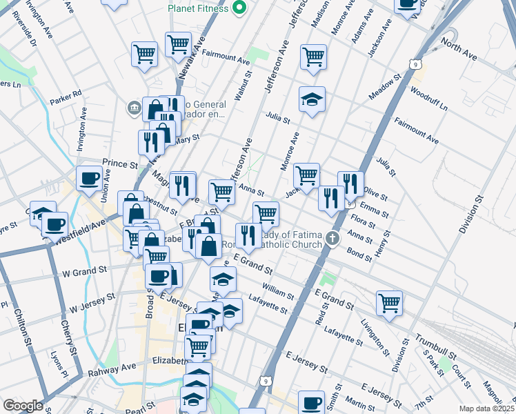 map of restaurants, bars, coffee shops, grocery stores, and more near 426-428 Jackson Avenue in Elizabeth