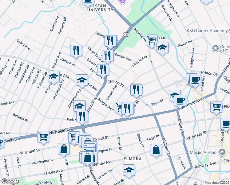 map of restaurants, bars, coffee shops, grocery stores, and more near 229 Lincoln Avenue in Elizabeth