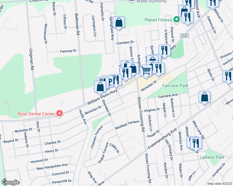 map of restaurants, bars, coffee shops, grocery stores, and more near 4105 William Penn Highway in Easton