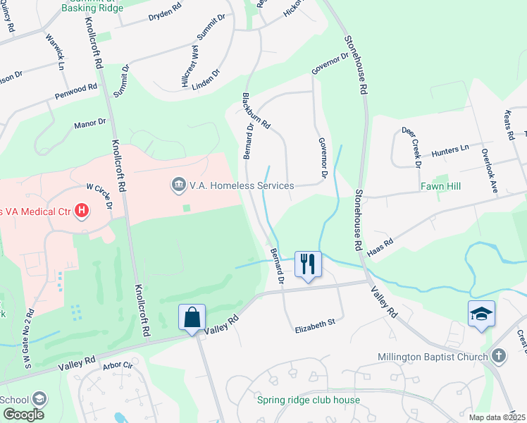 map of restaurants, bars, coffee shops, grocery stores, and more near 61 Bernard Drive in Basking Ridge