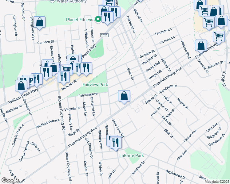 map of restaurants, bars, coffee shops, grocery stores, and more near 3409 Oregon Street in Easton