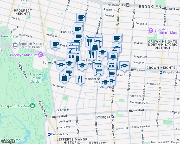 map of restaurants, bars, coffee shops, grocery stores, and more near 426 Eastern Parkway in Brooklyn
