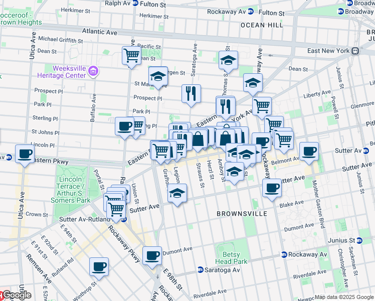 map of restaurants, bars, coffee shops, grocery stores, and more near 1358 East New York Avenue in Brooklyn