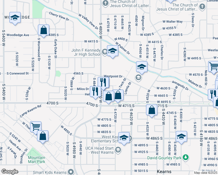 map of restaurants, bars, coffee shops, grocery stores, and more near 4749 West Arlington Park Drive in West Valley City