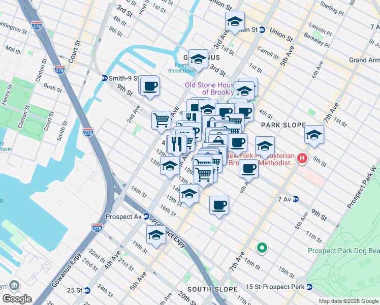 map of restaurants, bars, coffee shops, grocery stores, and more near 300 10th Street in Brooklyn