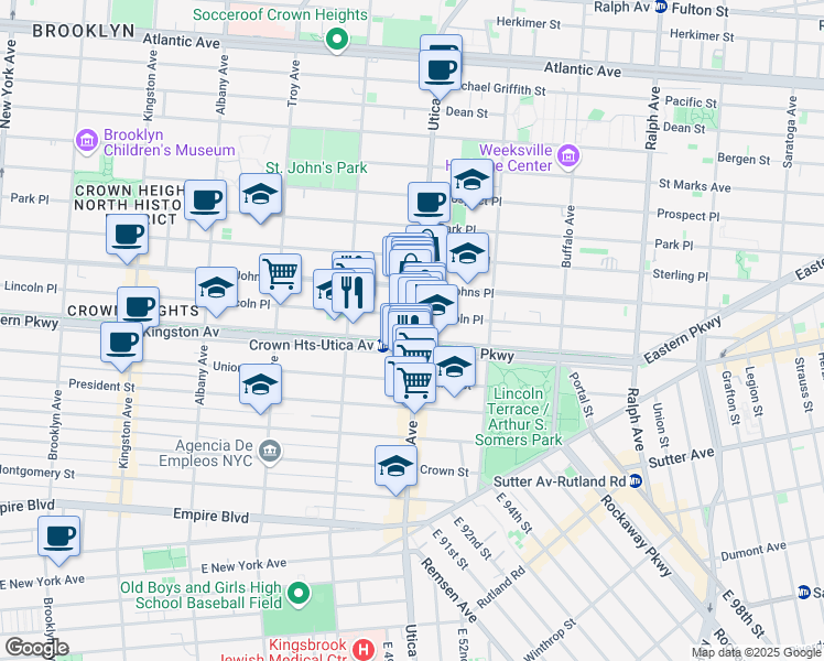 map of restaurants, bars, coffee shops, grocery stores, and more near 1117 Eastern Parkway in Brooklyn