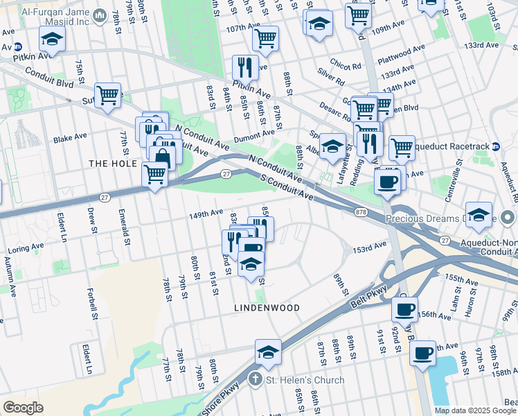 map of restaurants, bars, coffee shops, grocery stores, and more near 84-3 149th Avenue in Queens