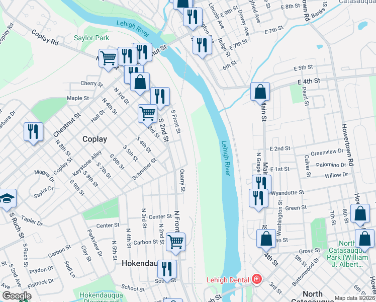 map of restaurants, bars, coffee shops, grocery stores, and more near 221 South Front Street in Coplay