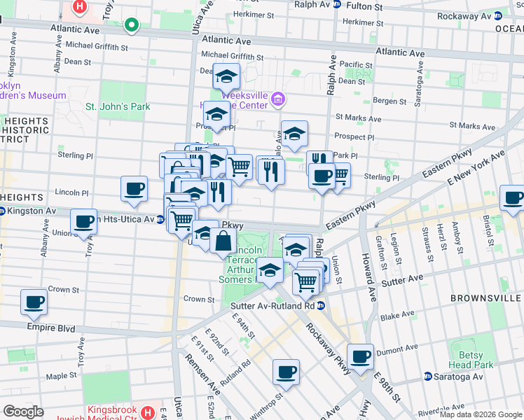 map of restaurants, bars, coffee shops, grocery stores, and more near 1527 Lincoln Place in Brooklyn