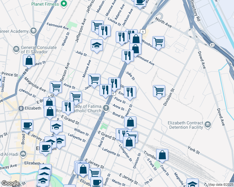 map of restaurants, bars, coffee shops, grocery stores, and more near 950 Emma Street in Elizabeth