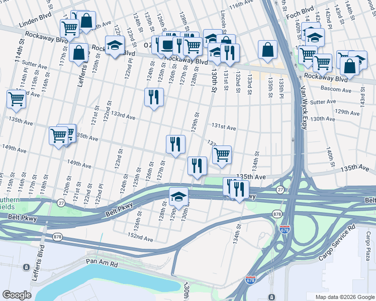 map of restaurants, bars, coffee shops, grocery stores, and more near 133-33 129th Street in Queens