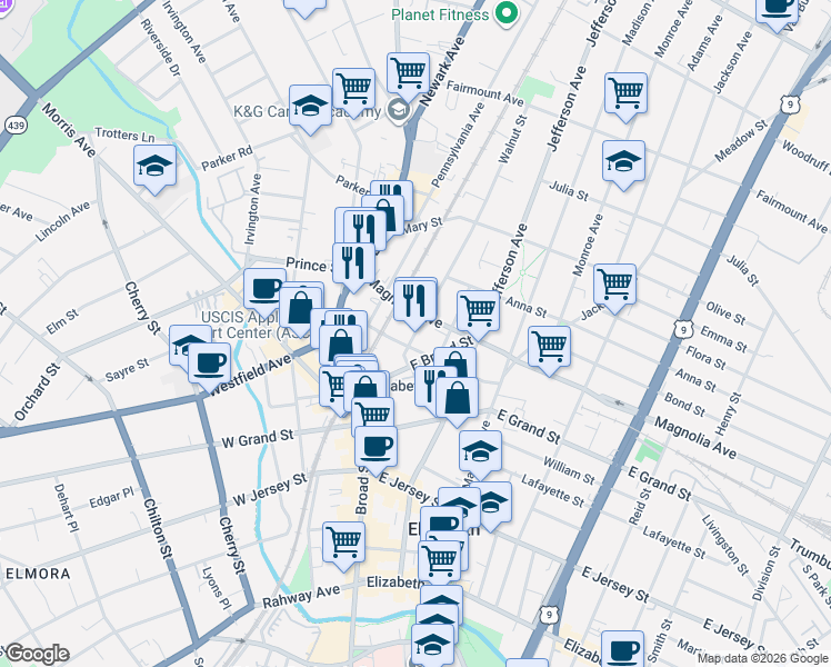map of restaurants, bars, coffee shops, grocery stores, and more near 322 Walnut Street in Elizabeth