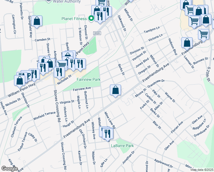 map of restaurants, bars, coffee shops, grocery stores, and more near 3409 Oregon Street in Easton